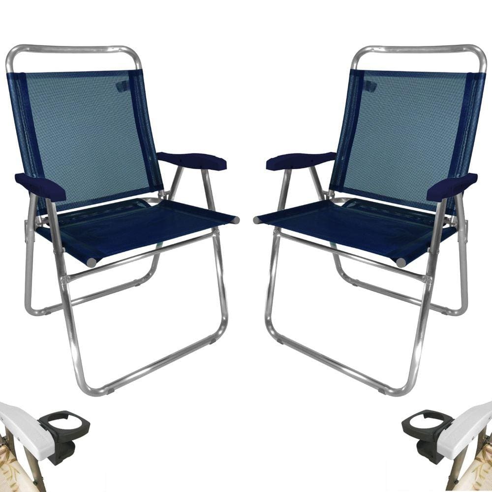 Kit 2 Cadeira De Praia King Oversize Alumínio Até 140Kg 2 Porta Copos Térmico Lata Isopor Dobrável - Zaka