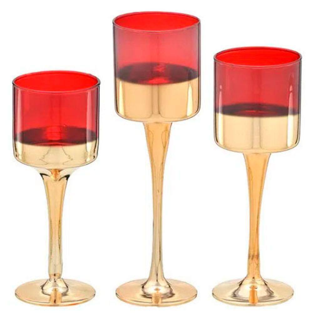 Jogo de 3 Castiçal Vermelho com Dourado - 23x7cm - 32374