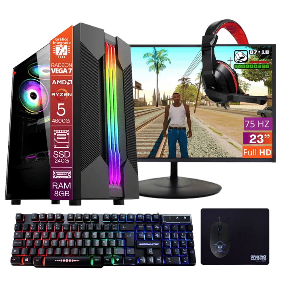 Computador Gamer TOB Ryzen 5 4600g SSD 240GB 8GB Windows 10 Pro Trial, Teclado/Mouse, Mouse Pad, Headset e Monitor 23