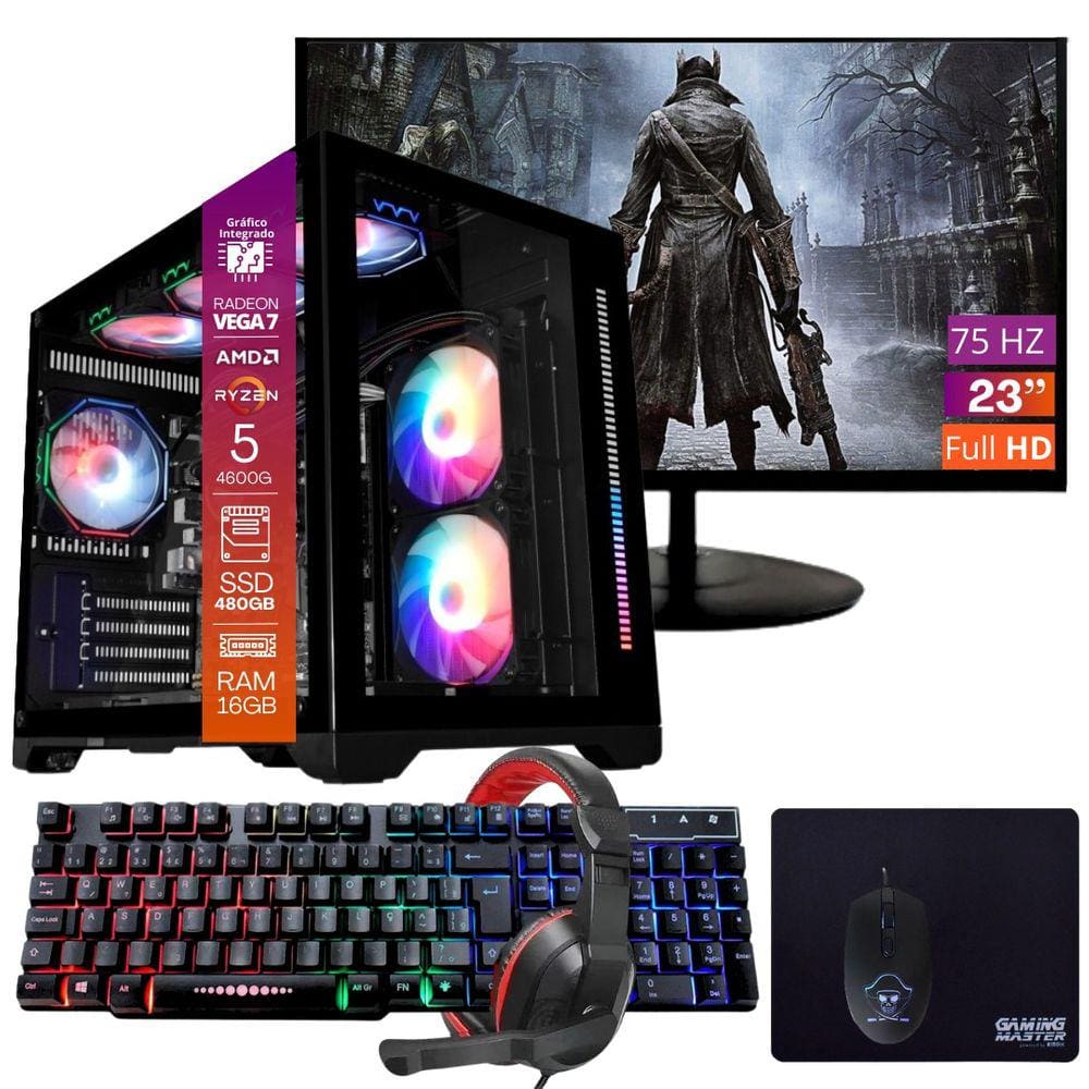 Computador Gamer Ryzen 5 SSD 480GB 16GB 4GB Windows 10 Pro Trial, Teclado/Mouse, Mouse Pad, Headset, Monitor 23"