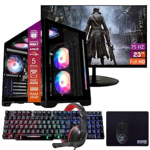Computador Gamer Ryzen 5 SSD 480GB 16GB 4GB Windows 10 Pro Trial, Teclado/Mouse, Mouse Pad, Headset, Monitor 23"