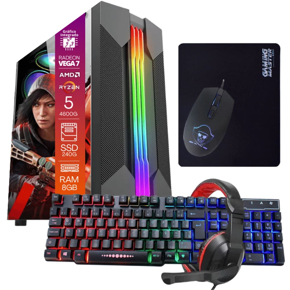 Computador Gamer Ryzen 5 SSD 240GB 8GB Windows 10 Pro Trial, Teclado/Mouse, Mouse Pad, Headset