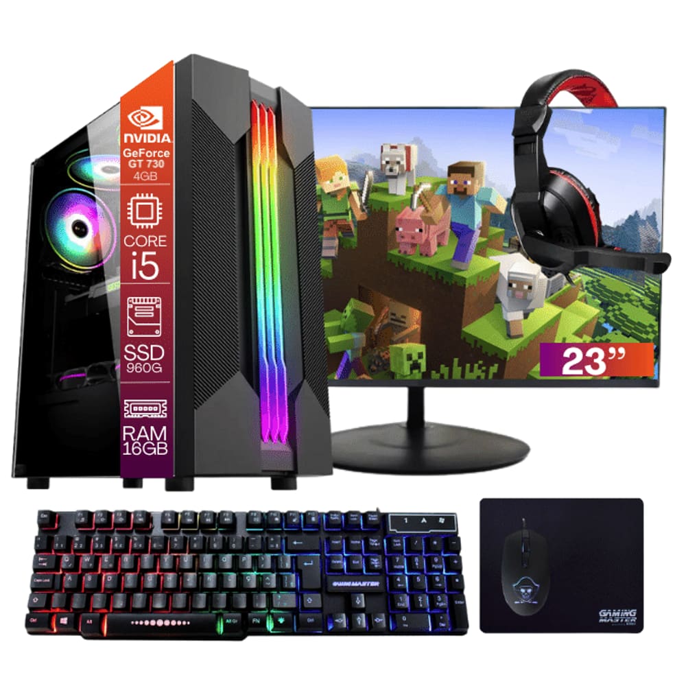Computador Gamer TOB Core i5 SSD 960GB 16GB VGA GT730 4GB Windows 10 Pro Trial + Teclado/Mouse + Mouse Pad + Headset + Monitor 23