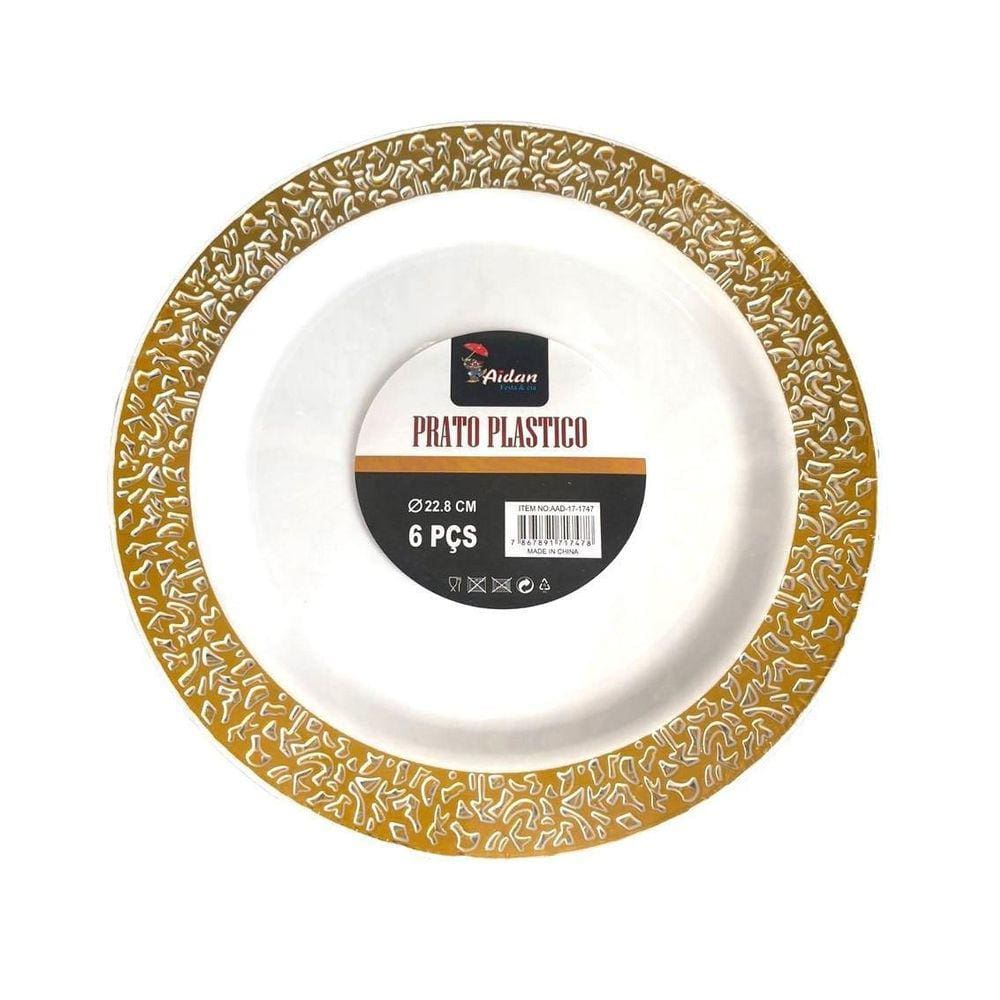 Prato Natal Réveillon Jantar Petiscos Branco/Dourado 6un - 22.8cm