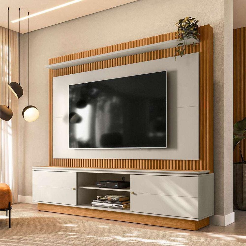 estante para home theater e tv até 75 polegadas guararapes 2 pt nature e off white