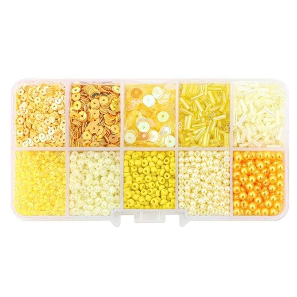 Kit Pedrarias Caixa com Miçangas Amarelo 13x6.5cm