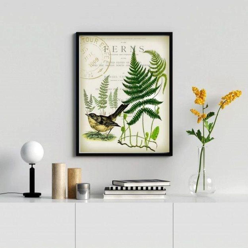 Quadro Decorativo Vintage Botânica Passarinho 33x24cm - Moldura Preta