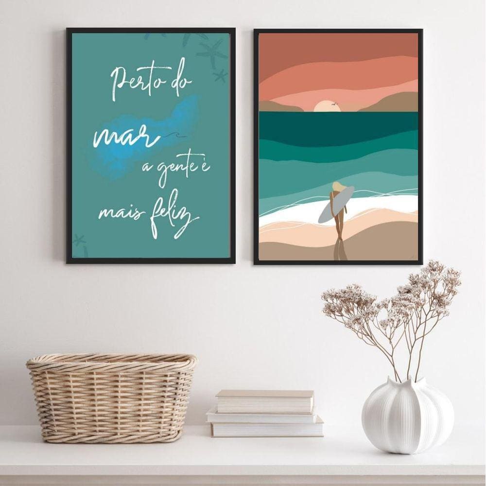 Kit 2 Quadros Mar Feliz 24x18cm Madeira Branca