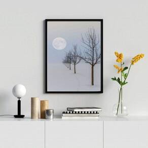 Quadro Paisagem Neve Árvores Lua 45x34cm - Madeira Preta