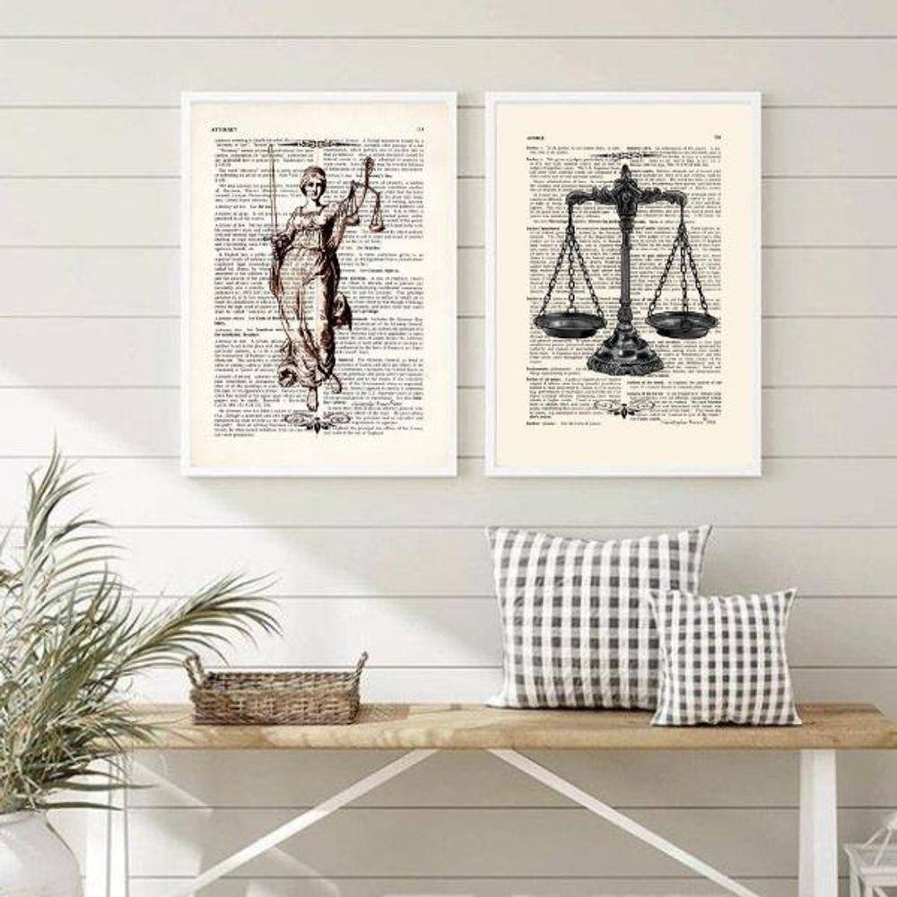 Kit 2 Quadros Justiça e Balança 45x34cm - Moldura Branca