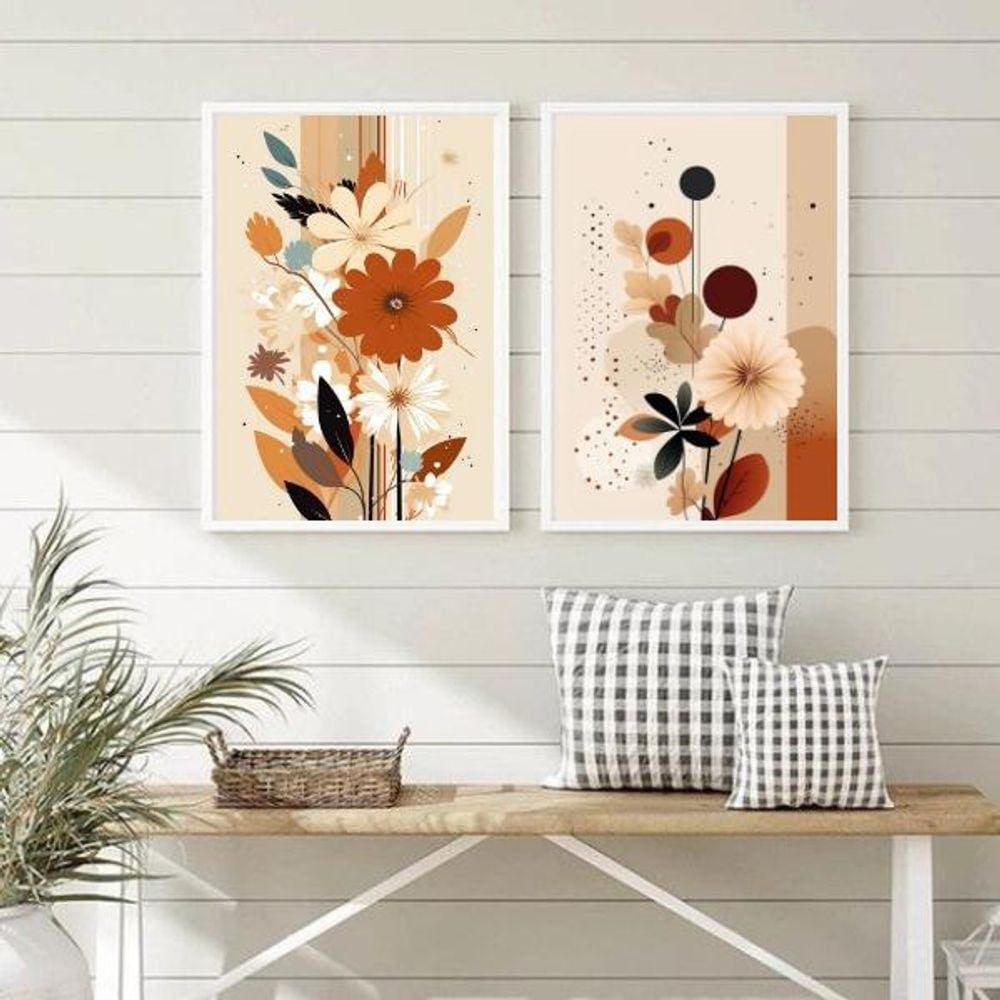 Quadros Decorativos Boho Terracota 45x34cm - Kit com 2 - Moldura Branca - Papel Brilhante - Penduradores