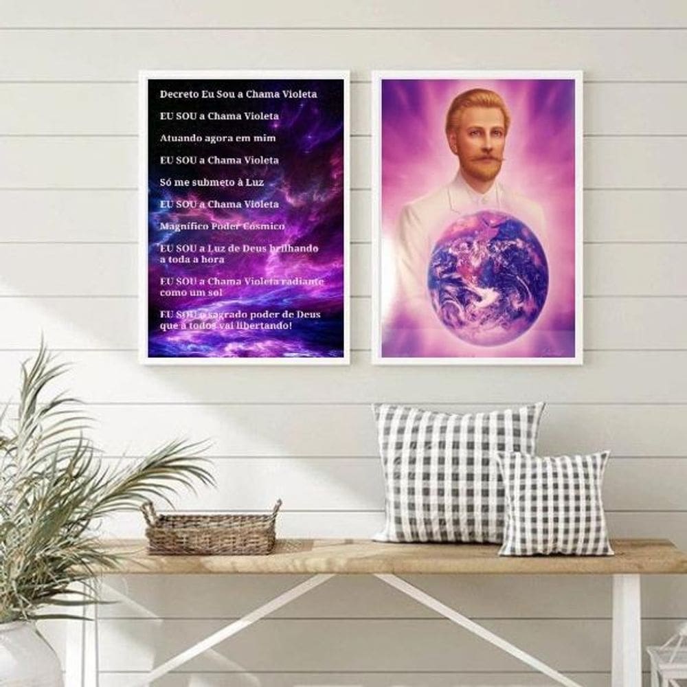 Kit 2 Quadros Decretos Chama Violeta 33x24cm Moldura Branca