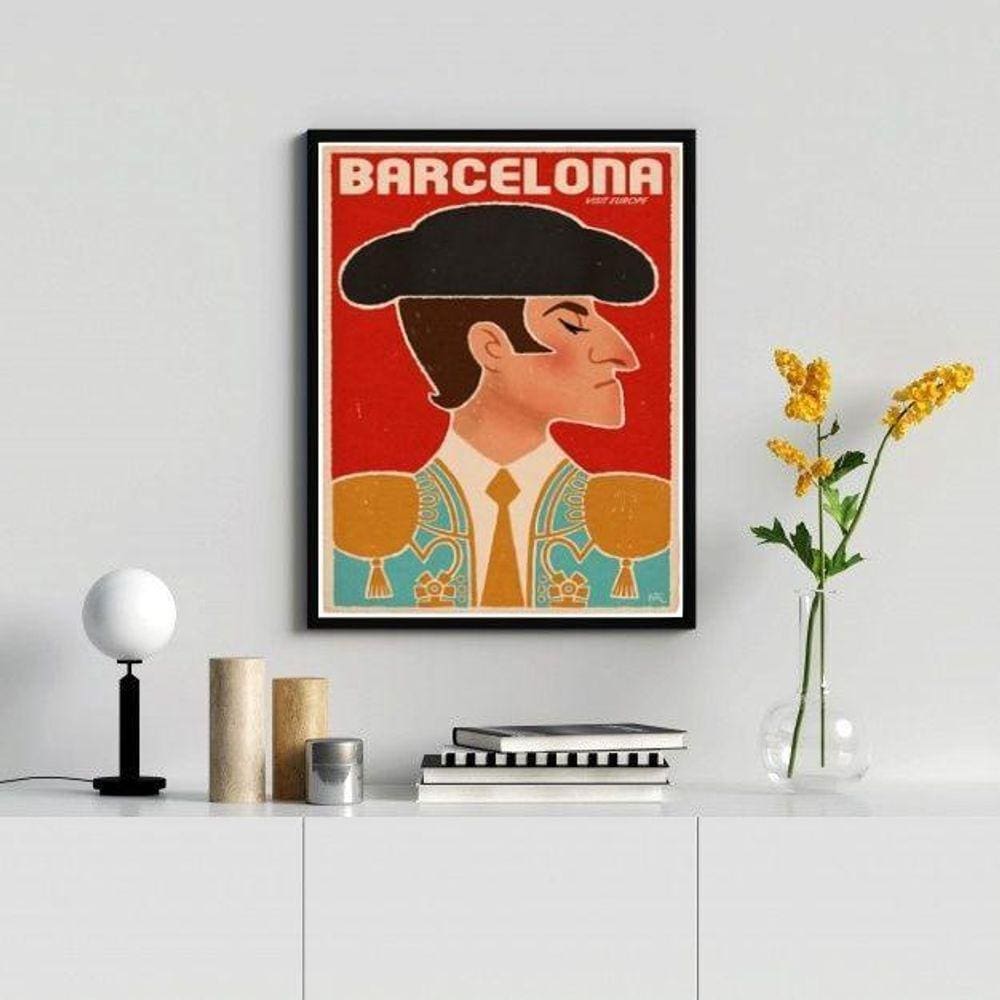 Quadro Decorativo Toureiro Barcelona 33x24cm - Vidro e Moldura Preta