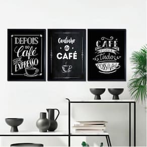 Kit 3 Quadros Café Giz 45x34cm - Vidro, Madeira Preta