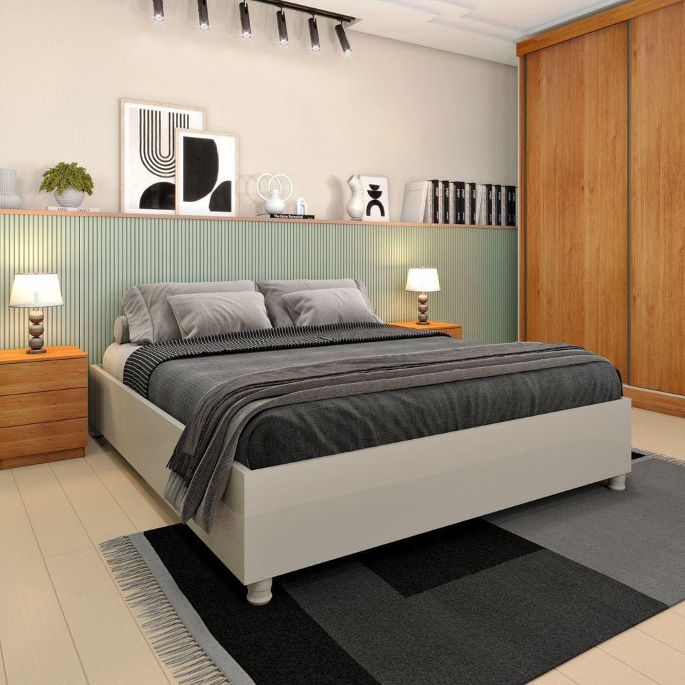 Cama Casal Mônaco 144 X193 Cm em Mdp Off White/ Off White