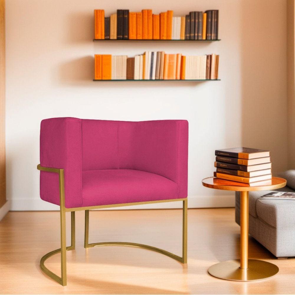 Poltrona Decorativa Base de Ferro Suede Munique Pink/Dourado
