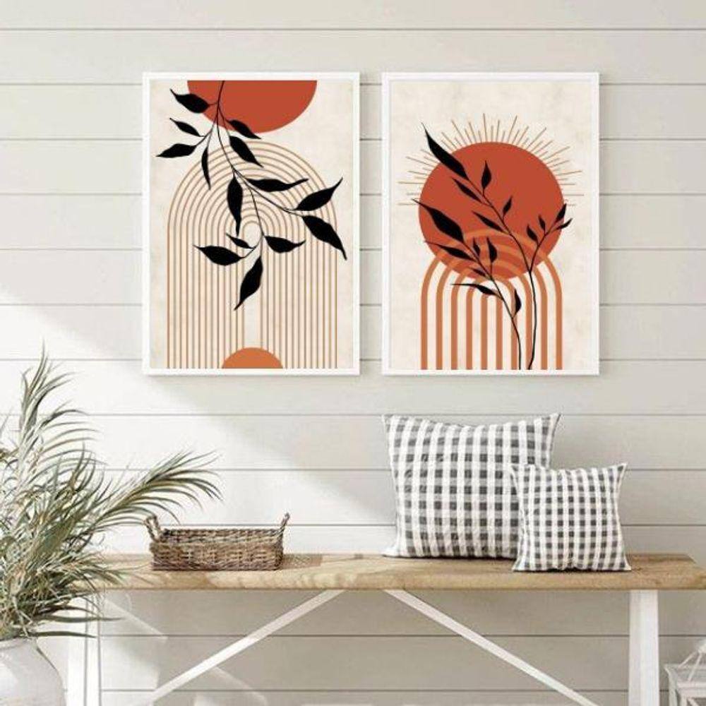 Quadros Decorativos Boho Terracota 33x24cm - Vidro e Moldura Preta