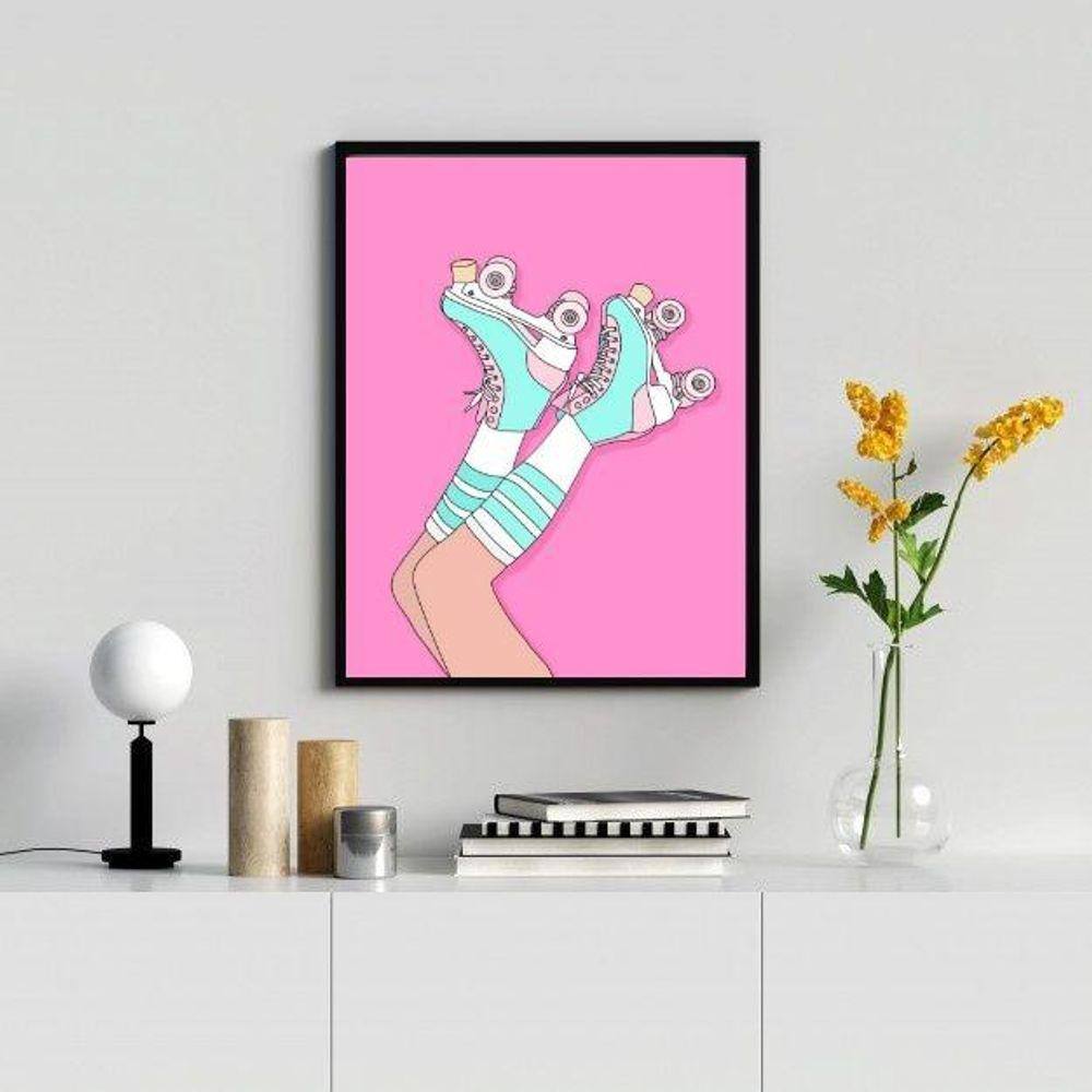 Quadro decorativo patins 24x18cm c/ vidro e moldura preta