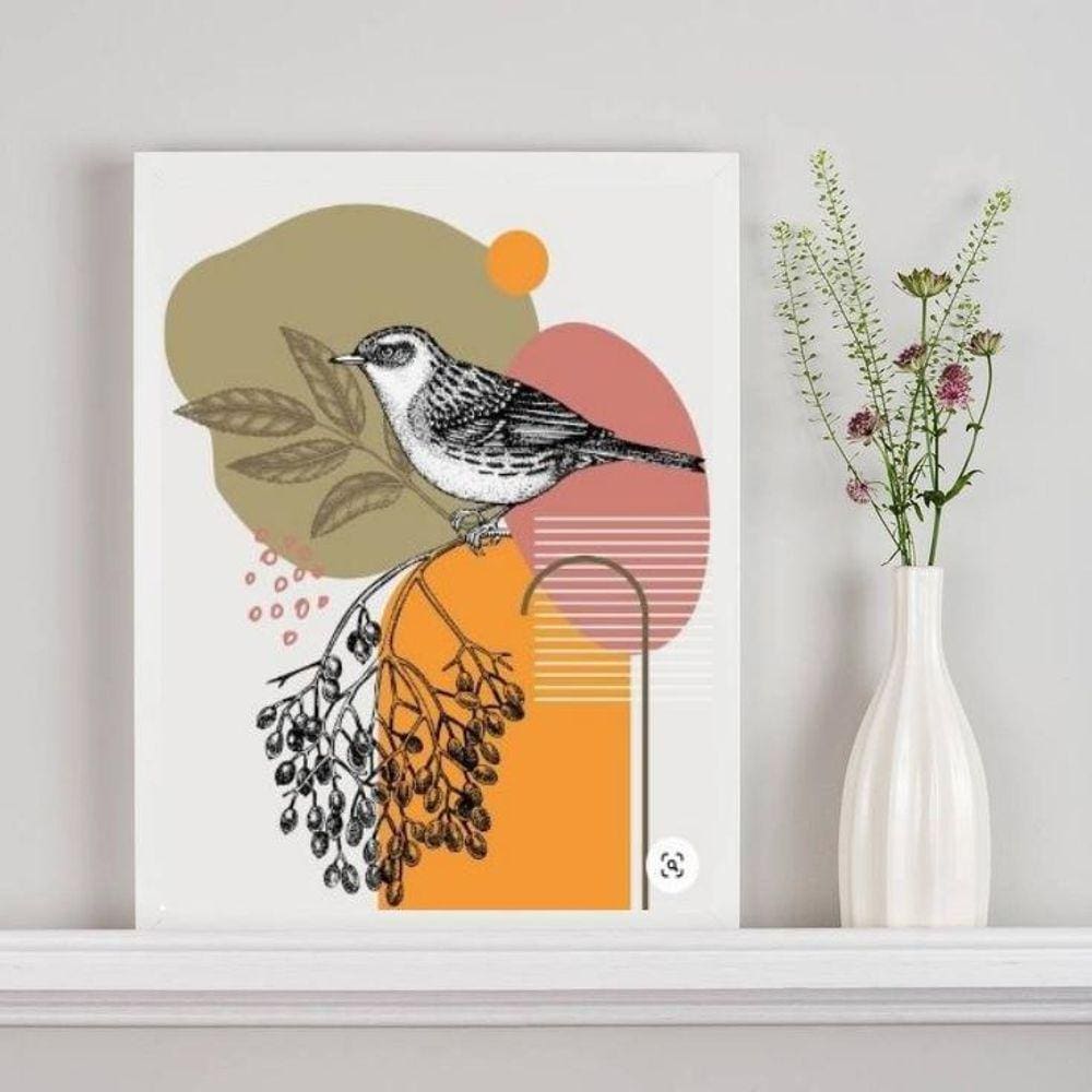 Quadro Aquarela Abstrato Passarinho 45x34cm - Com Vidro