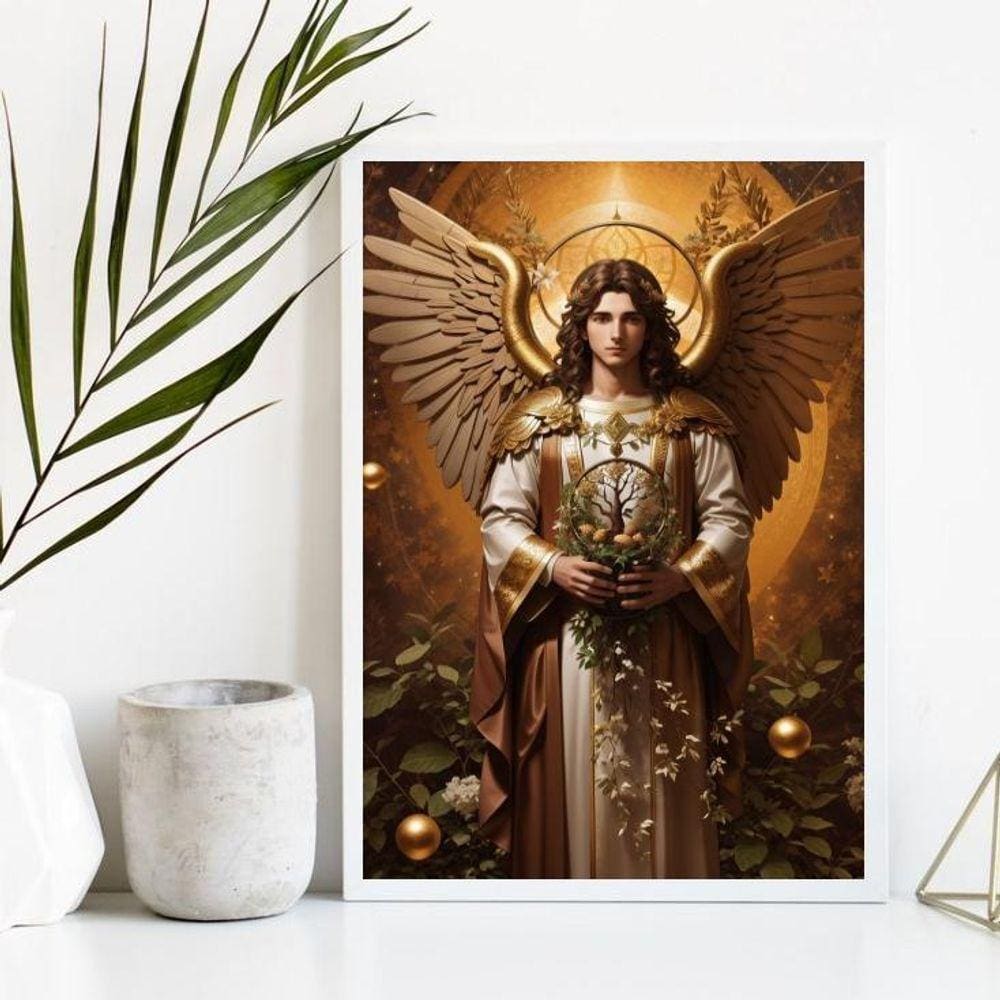 Quadro Sacro Arcanjo Uriel 45x34cm c/ Vidro - Branco