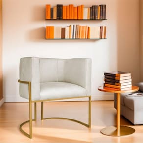 Poltrona Decorativa Base de Ferro Linho Munique Bege/Dourado