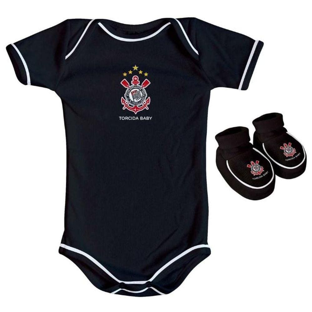 Body e Pantufa Corinthians Preto Torcida Baby