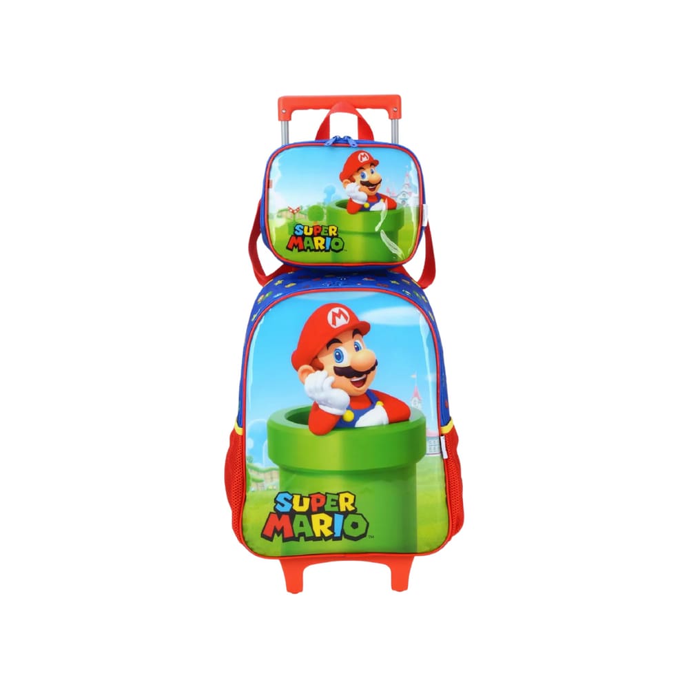 Kit Mochila De Rodinhas e lancheira Seper Mario Azul -Luxcel