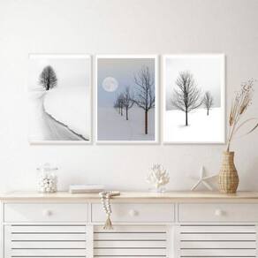 Kit 3 Quadros Paisagens Neve-Árvores 45x34cm Madeira Preta