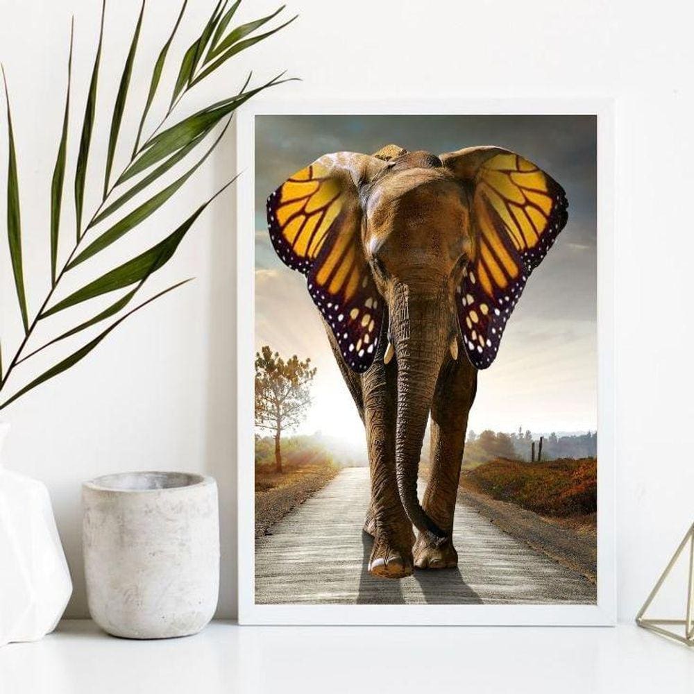 Quadro Elefante Asas Borboleta 45x34cm Madeira Branca