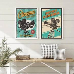 Kit 2 Quadros Cinema Retrô Azul 45x34cm Moldura Preta