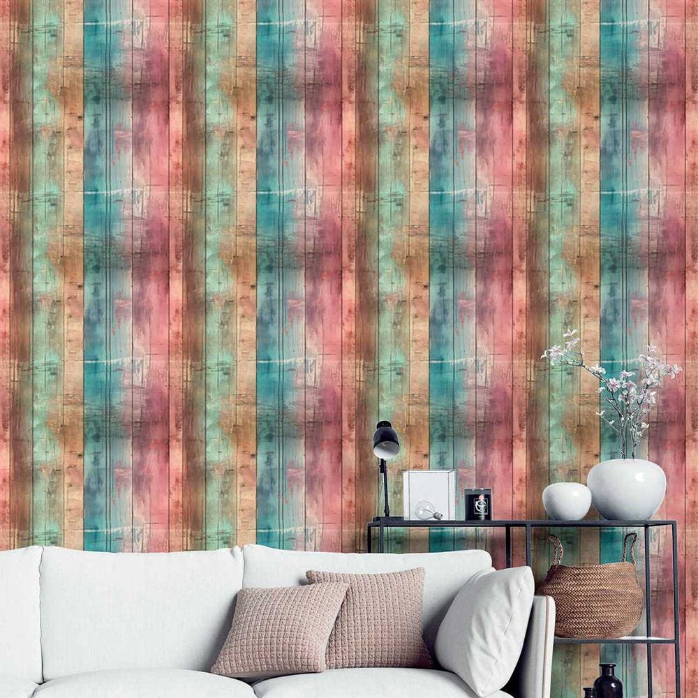 Papel de Parede Auto Colante Madeira colorida efeito demolição decorativo Vinil Quarto Cozinha 9m