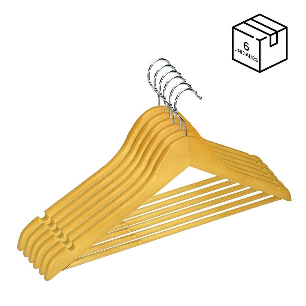 Kit 6 Cabides de Madeira Adulto Camisa Calça Gancho Metal