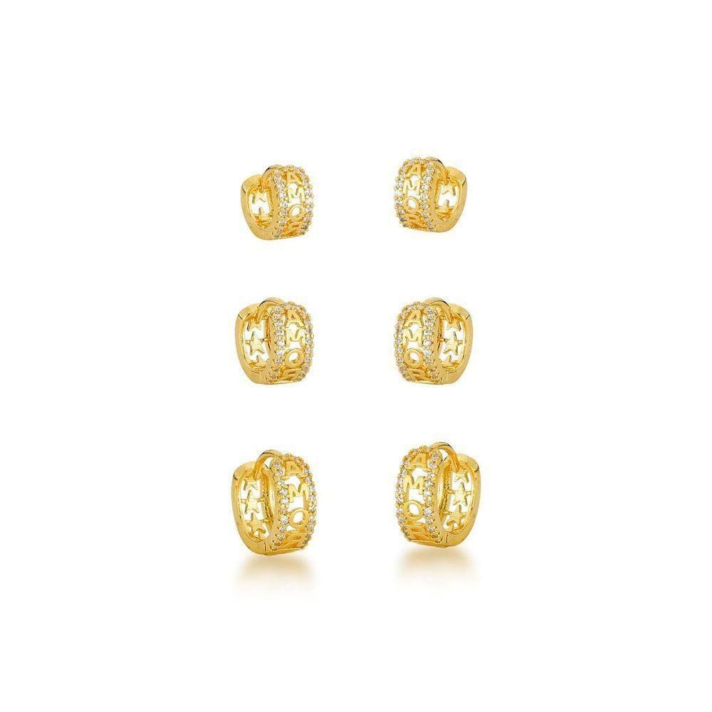 Kit Trio De Brincos Argolas Amor Banhados A Ouro 18k