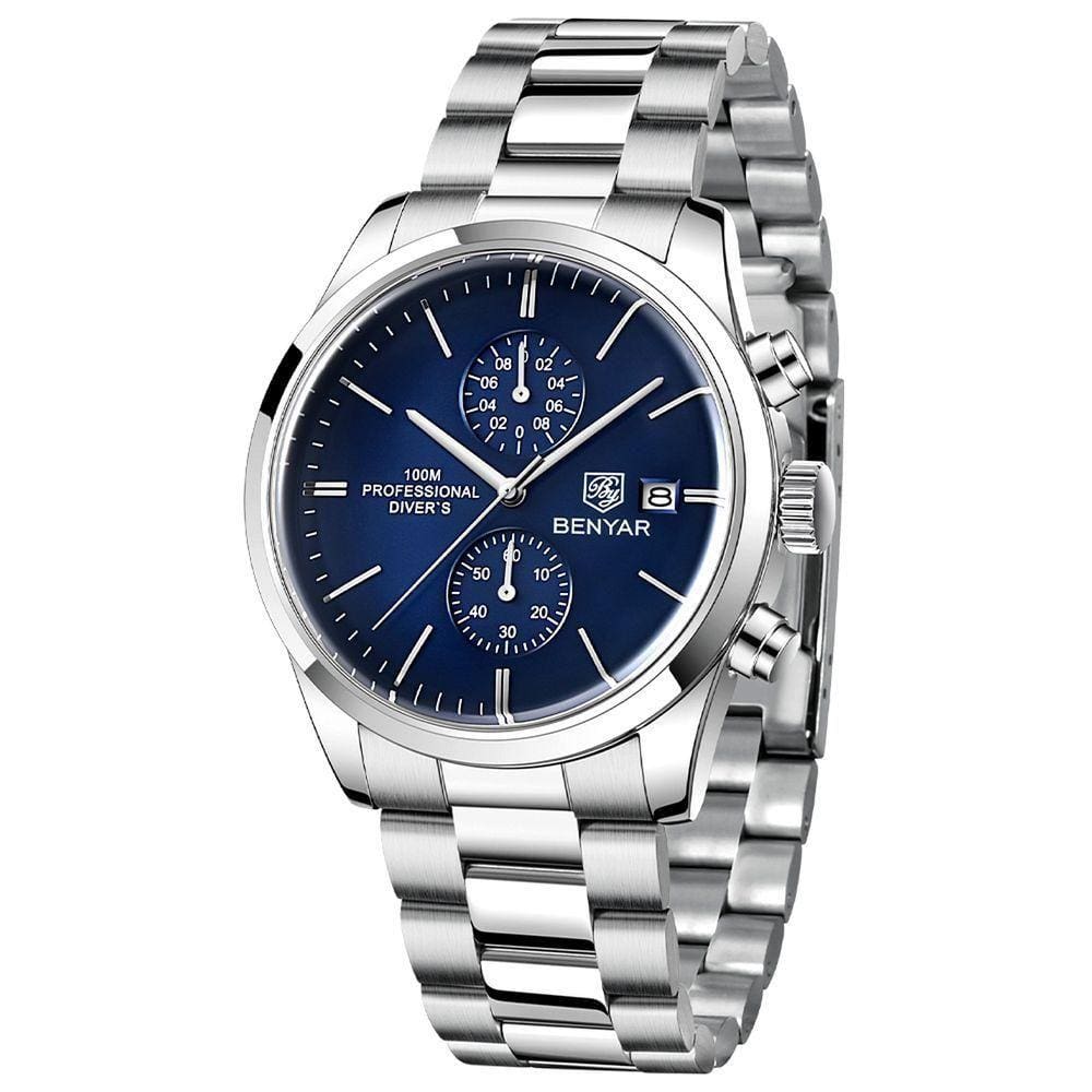 Relógio De Quartzo Esportivo Masculino Benyar Luxo Impermeável Cronógrafo Azul Aço