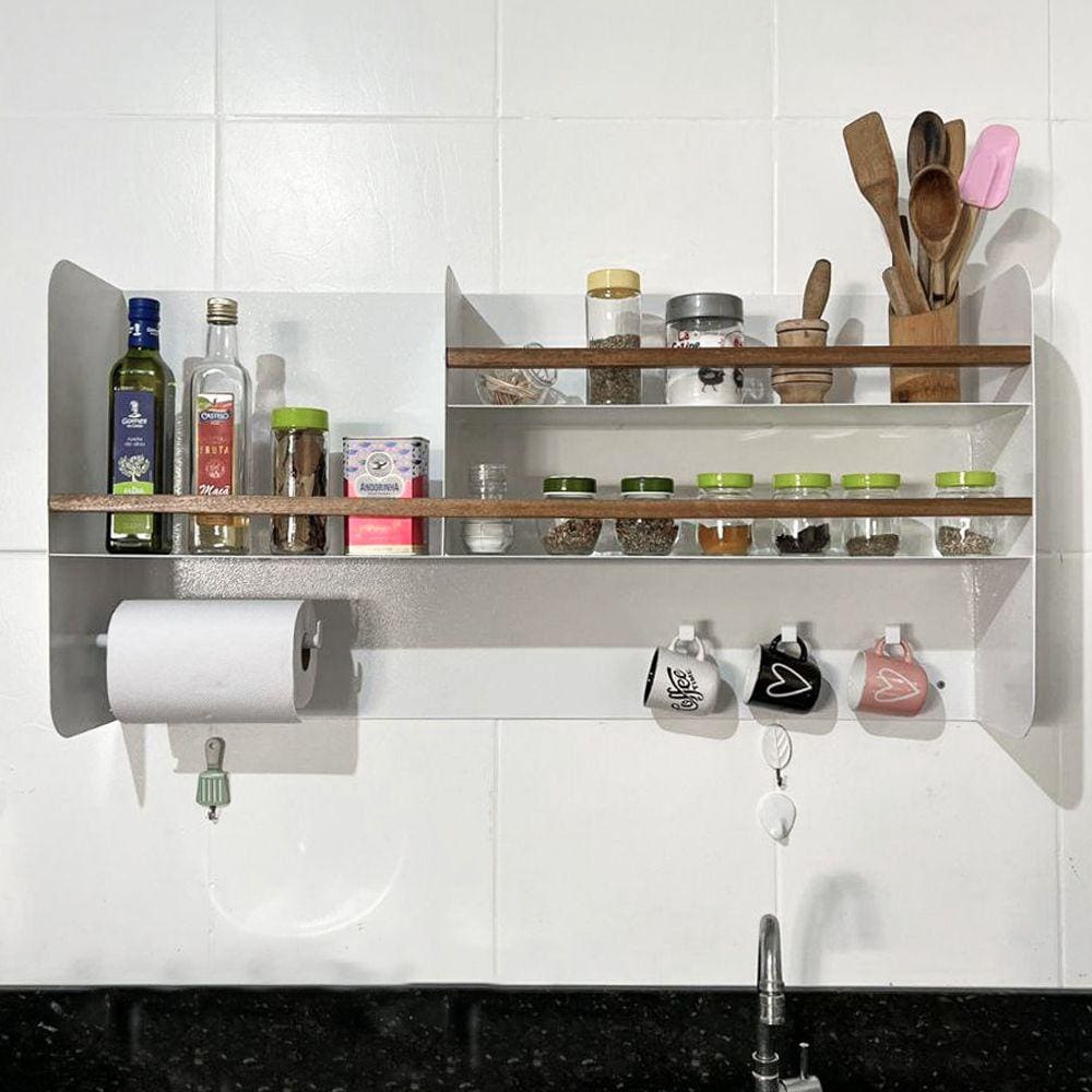 Porta Condimentos em Aço Carbono Branco e Madeira C/ Porta Papel- 100cm Linha Home