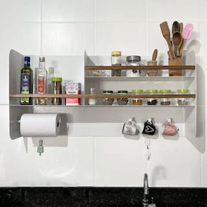 Organizador Multiuso Cozinha em Aço Carbono Branco e Madeira - 100cm Linha Home