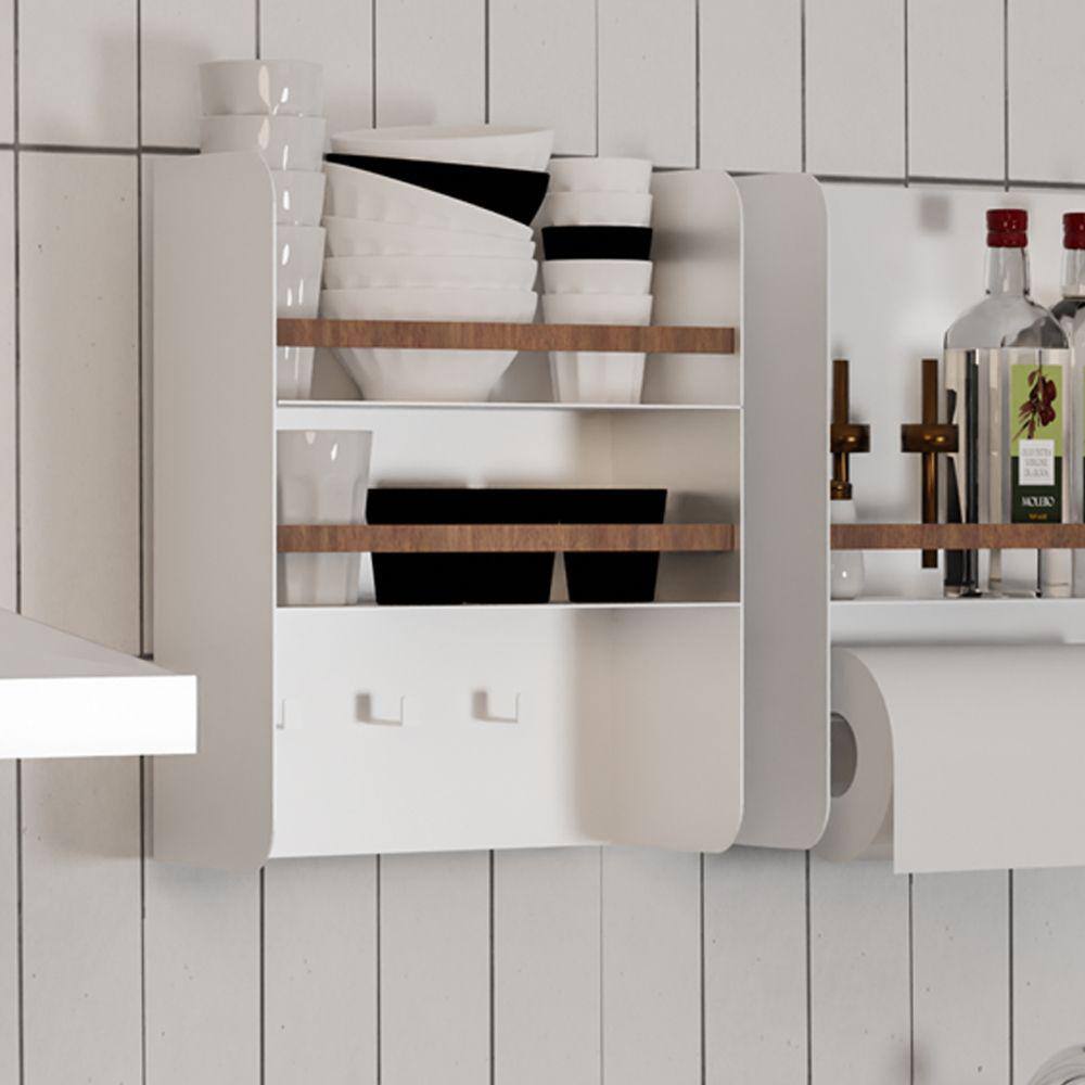 Organizador Multiuso Cozinha em Aço Carbono Branco Madeira  - 40cm Linha Home