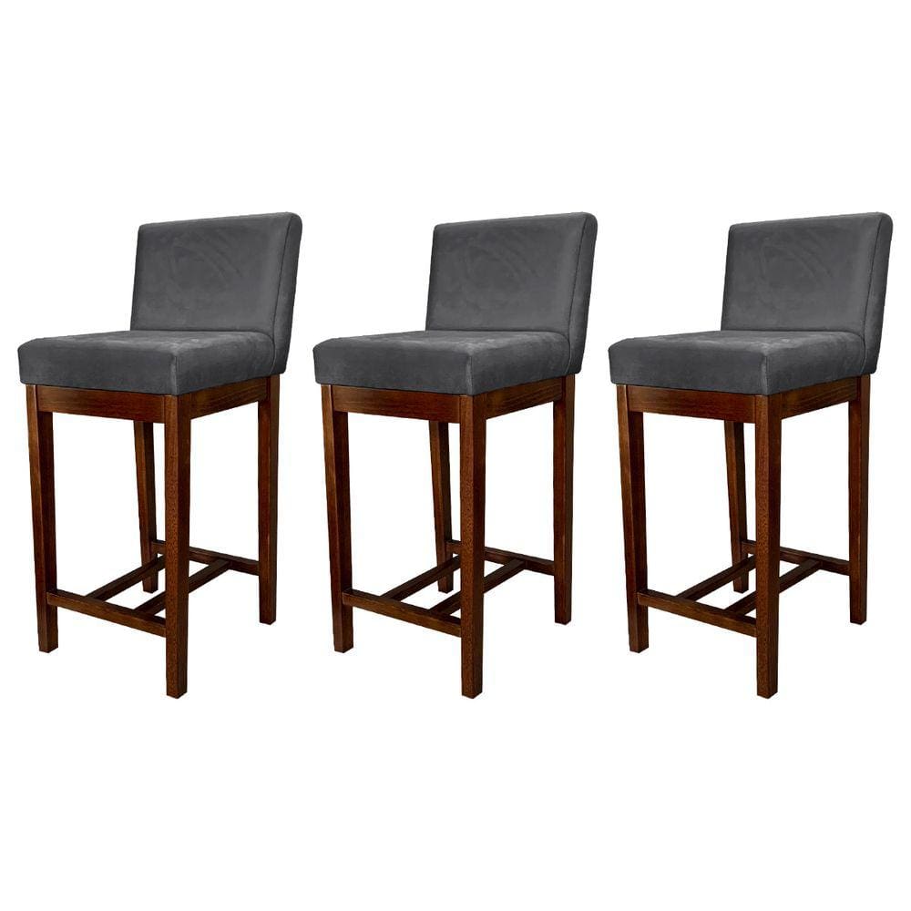 Kit 3 Banquetas Média Estofadas Lisboa Madeira Capuccino Suede Cinza CCS