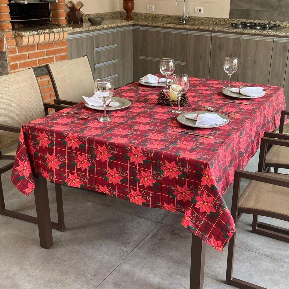 Toalha De Mesa Natal Estampada 6 Cadeiras Vermelho Floral