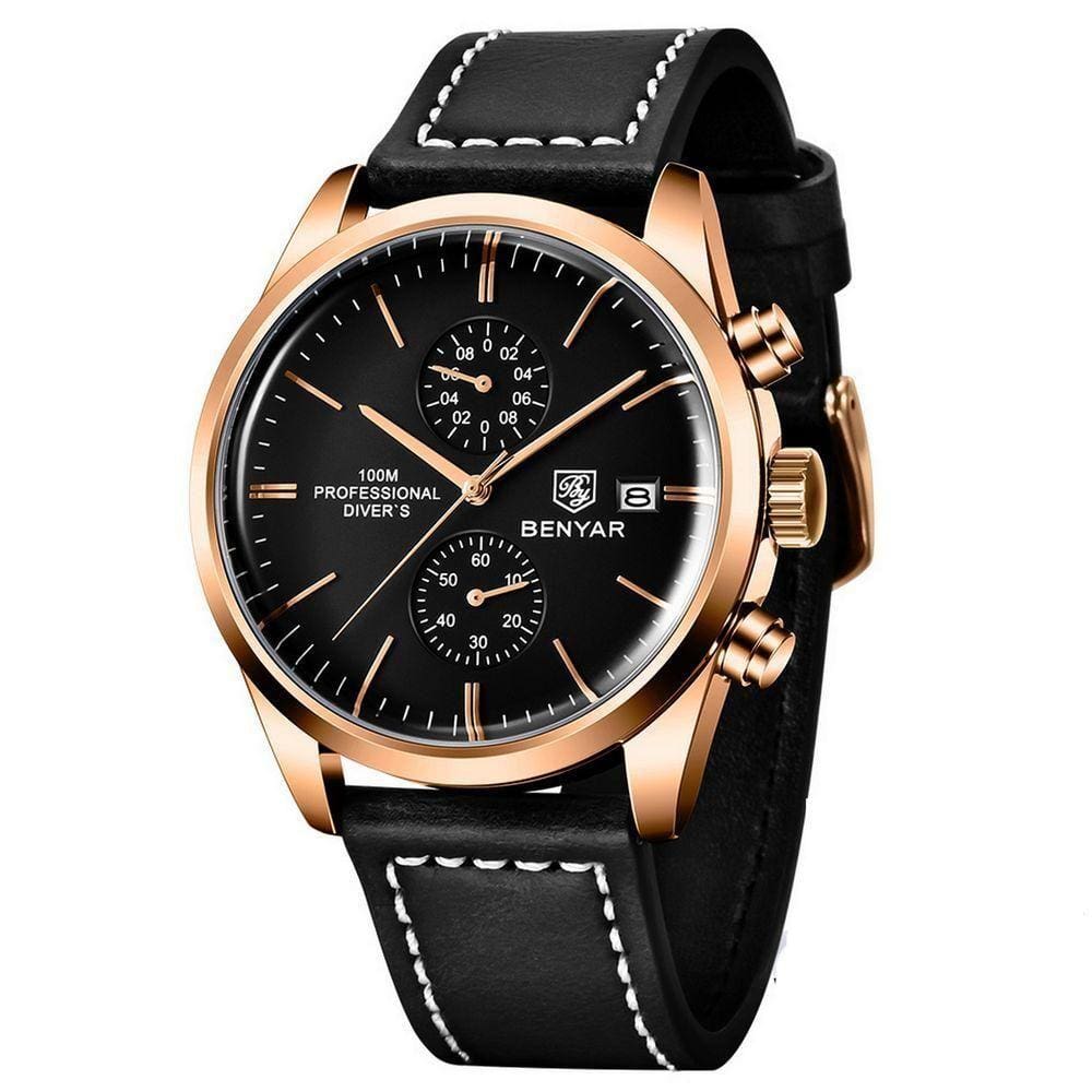Relógio De Quartzo Esportivo Masculino Benyar Luxo Impermeável Cronógrafo Preto Dourado