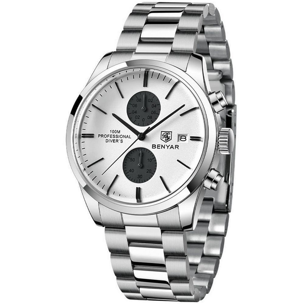 Relógio De Quartzo Esportivo Masculino Benyar Luxo Impermeável Cronógrafo Branco Aço