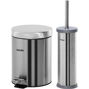Lixeira Redonda 5l Inox Cinza Com Escova Sanitária Vonder