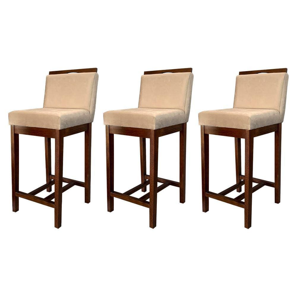 Kit 3 Banquetas Média para CozinhaLíbia Madeira Capuccino Suede Bege CCS