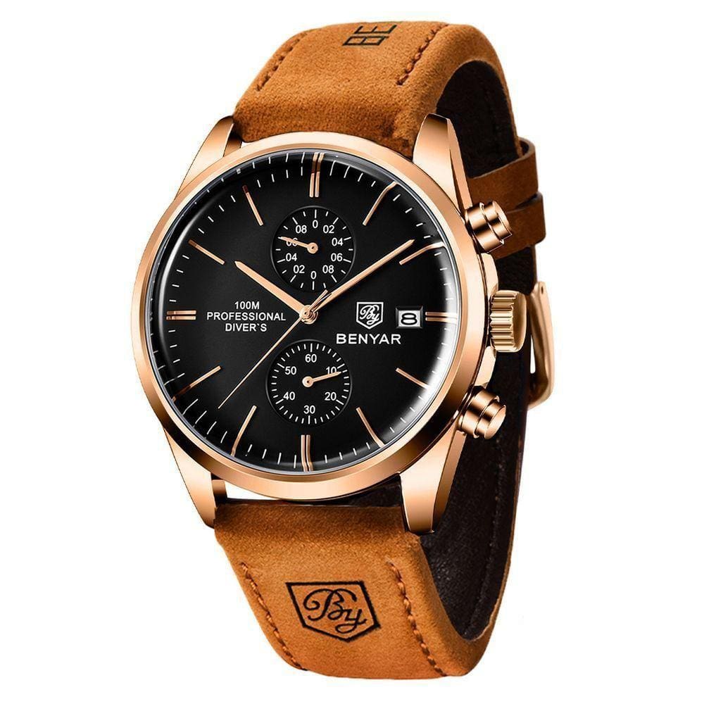 Relógio De Quartzo Esportivo Masculino Benyar Luxo Impermeável Cronógrafo Marrom Dourado