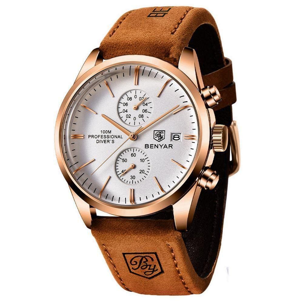 Relógio De Quartzo Esportivo Masculino Benyar Luxo Impermeável Cronógrafo Marrom