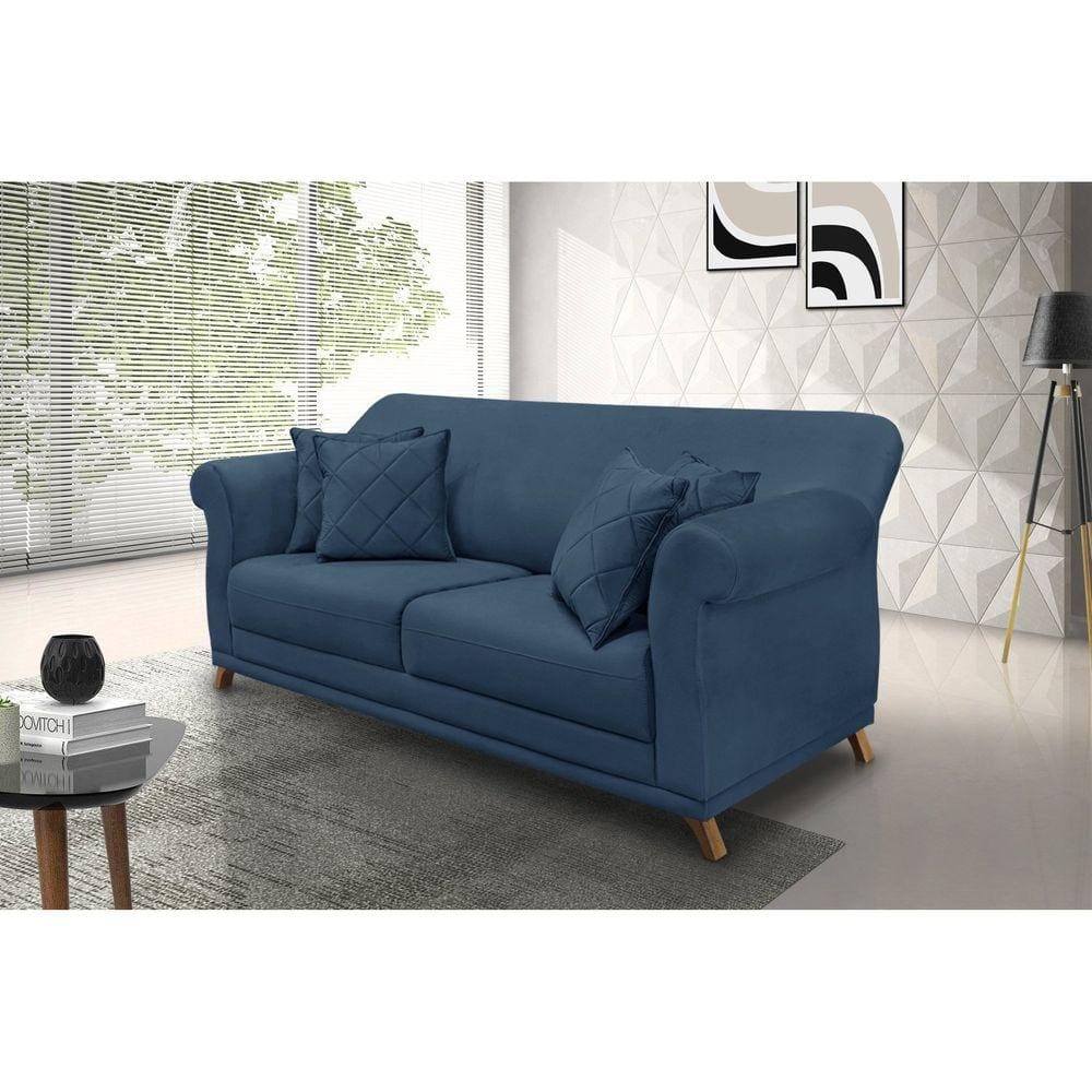 Sofá 3 Lugares 220cm Veludo Arras Spezzia Decor Azul Marinho