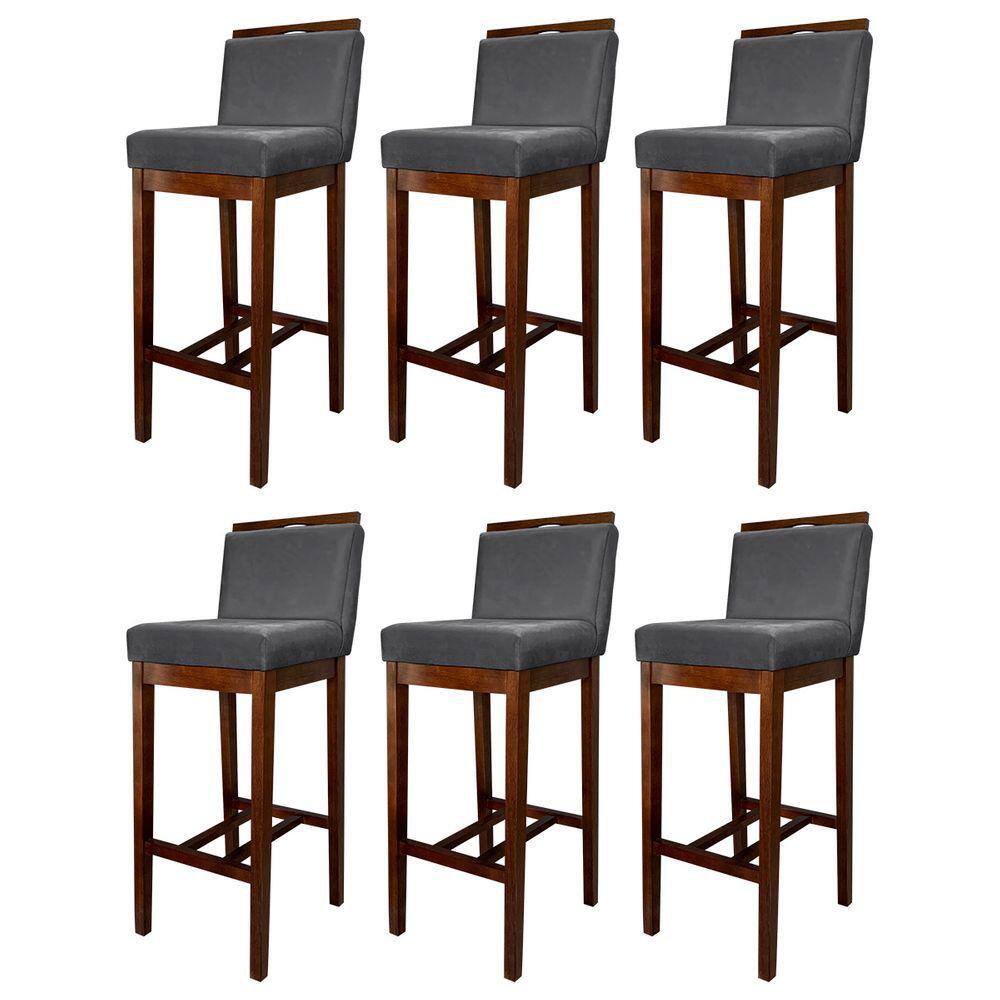 Kit 6 Banquetas Alta Estofada com Encosto Líbia Madeira Capuccino Suede Cinza CCS