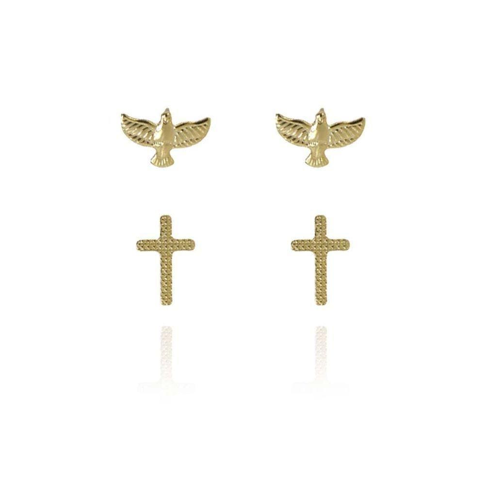 Duo De Cruz E Espírito Santo Folheado Em Ouro 18k