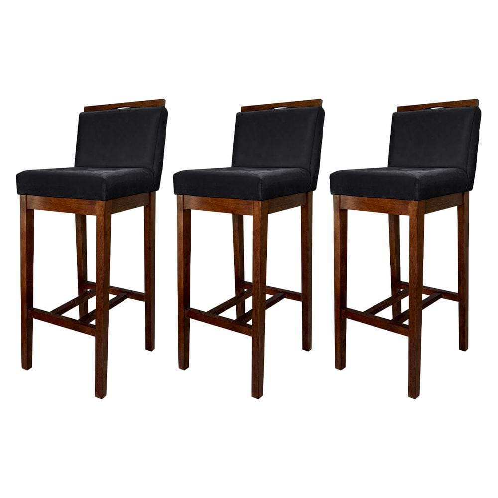 Kit 3 Banquetas Alta com Encosto Líbia Madeira Capuccino Suede Preto CCS