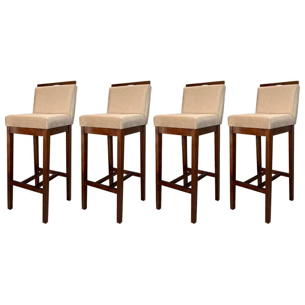 Kit 4 Banquetas Alta Estofadas para Bancada Líbia Madeira Capuccino Suede Bege CCS